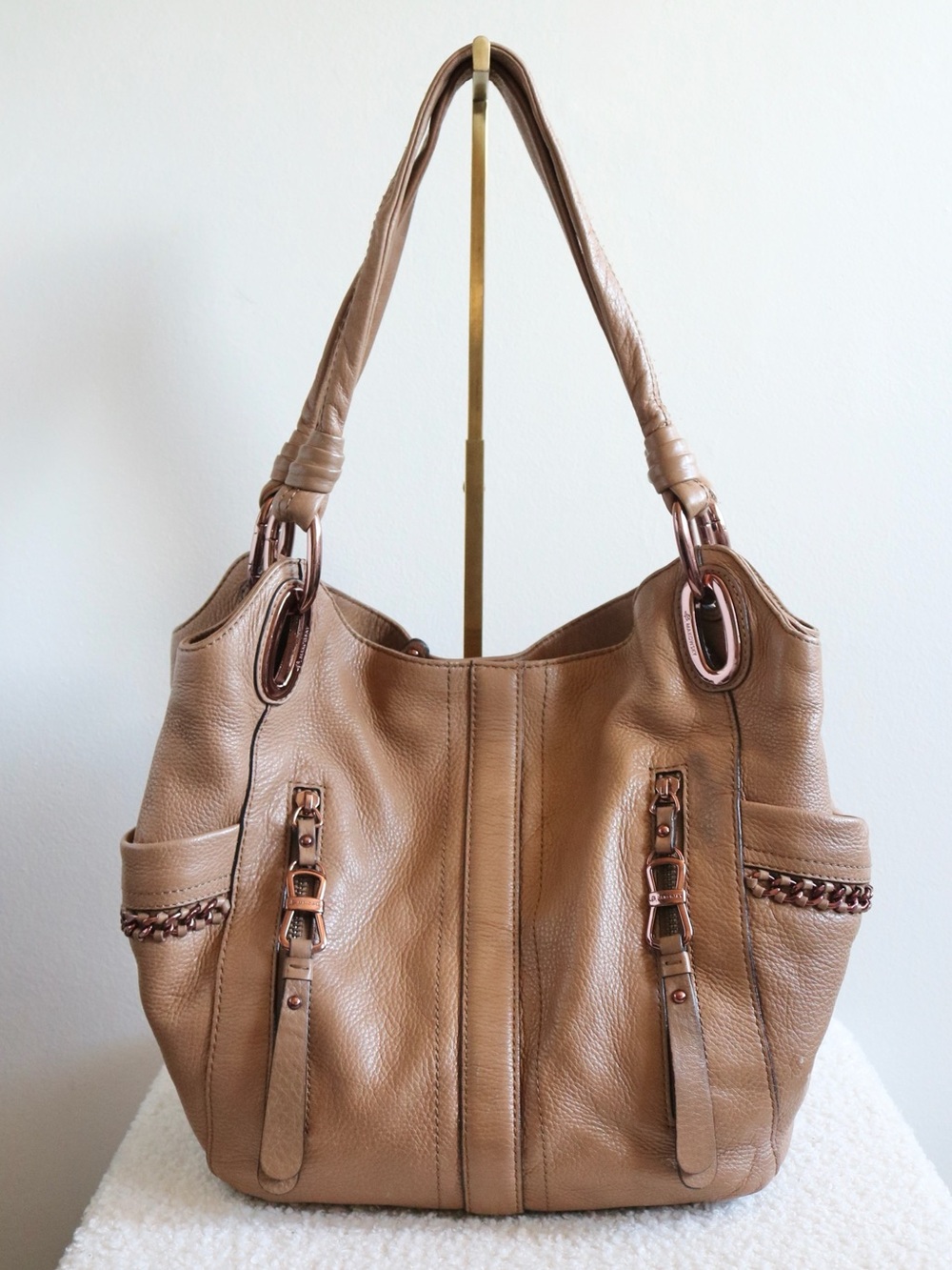 Y2K Genuine Leather Tan Shoulder Bag Rose Gold Hardware